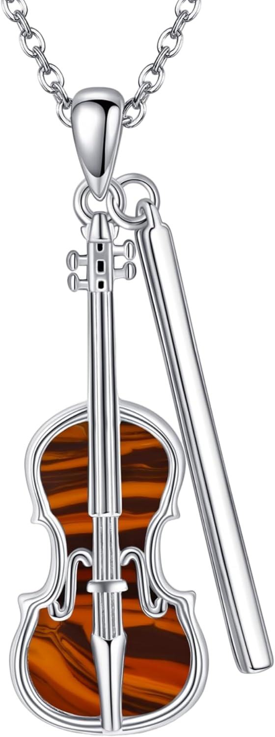 925 Sterling Silver Violin & Bow Musical Notes Pendant Necklace with Amber Stone for Women-0-0