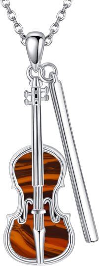 wholesale 925 Sterling Silver Violin & Bow Musical Notes Pendant Necklace with Amber Stone for Women-Violin