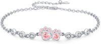 wholesale 925 Sterling Silver Paw Print Bracelet with Pink & White Cubic Zirconia, Adjustable Pet Memorial Jewelry for Dog Cat Lovers-Heart Paw Print Bracelet