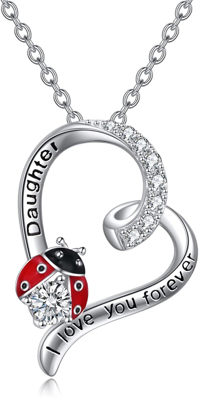 Sterling Silver Ladybug Necklace with Stone for Women Mother Daughter Gifts-Daughter