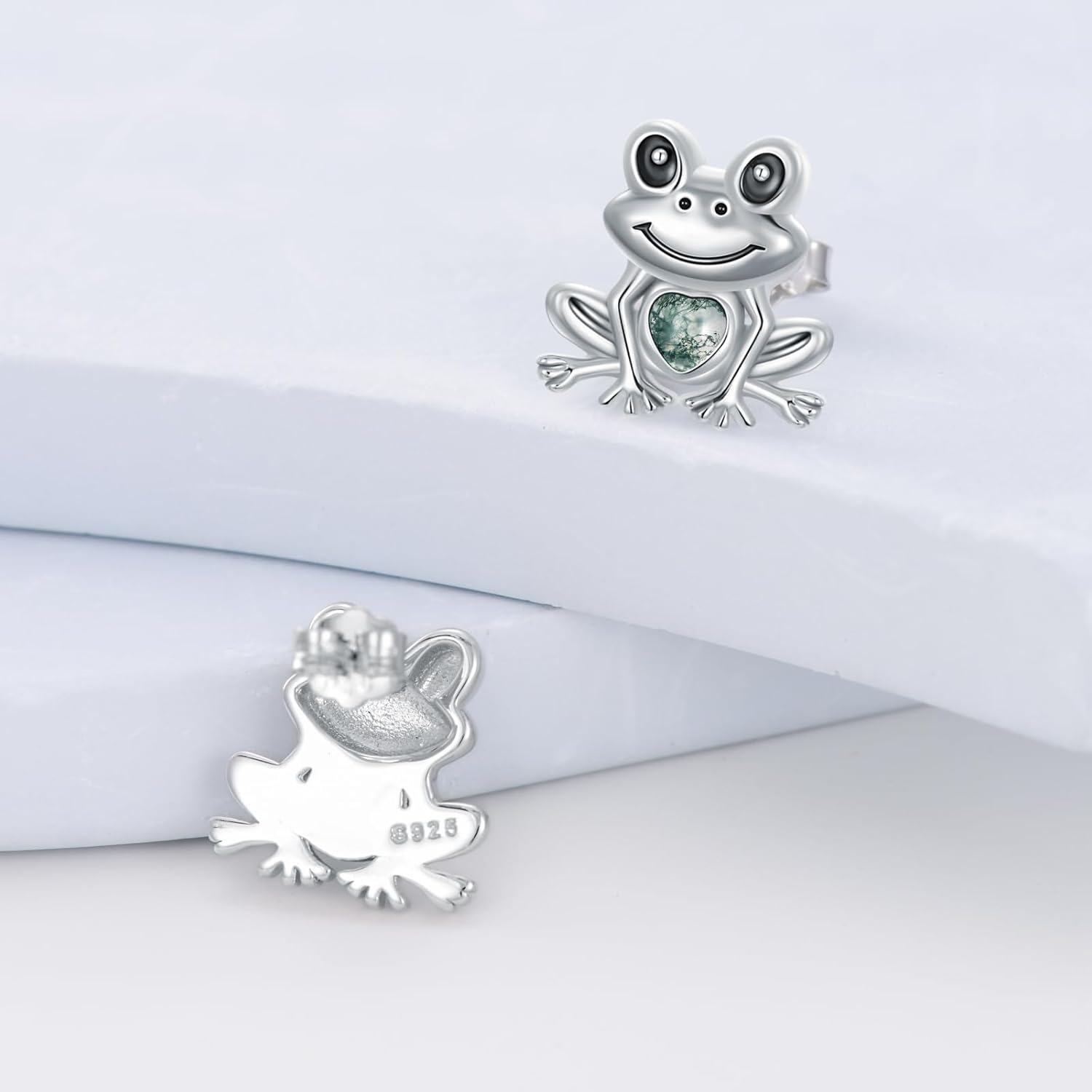 925 Sterling Silver Green Stone Frog Stud Earrings - Cute Animal  for Girls and Women-0-2