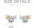 wholesale 925 Sterling Silver Highland Cow Head Stud Earrings with Gold Flower Accents - Unique Gift for Her-0-2