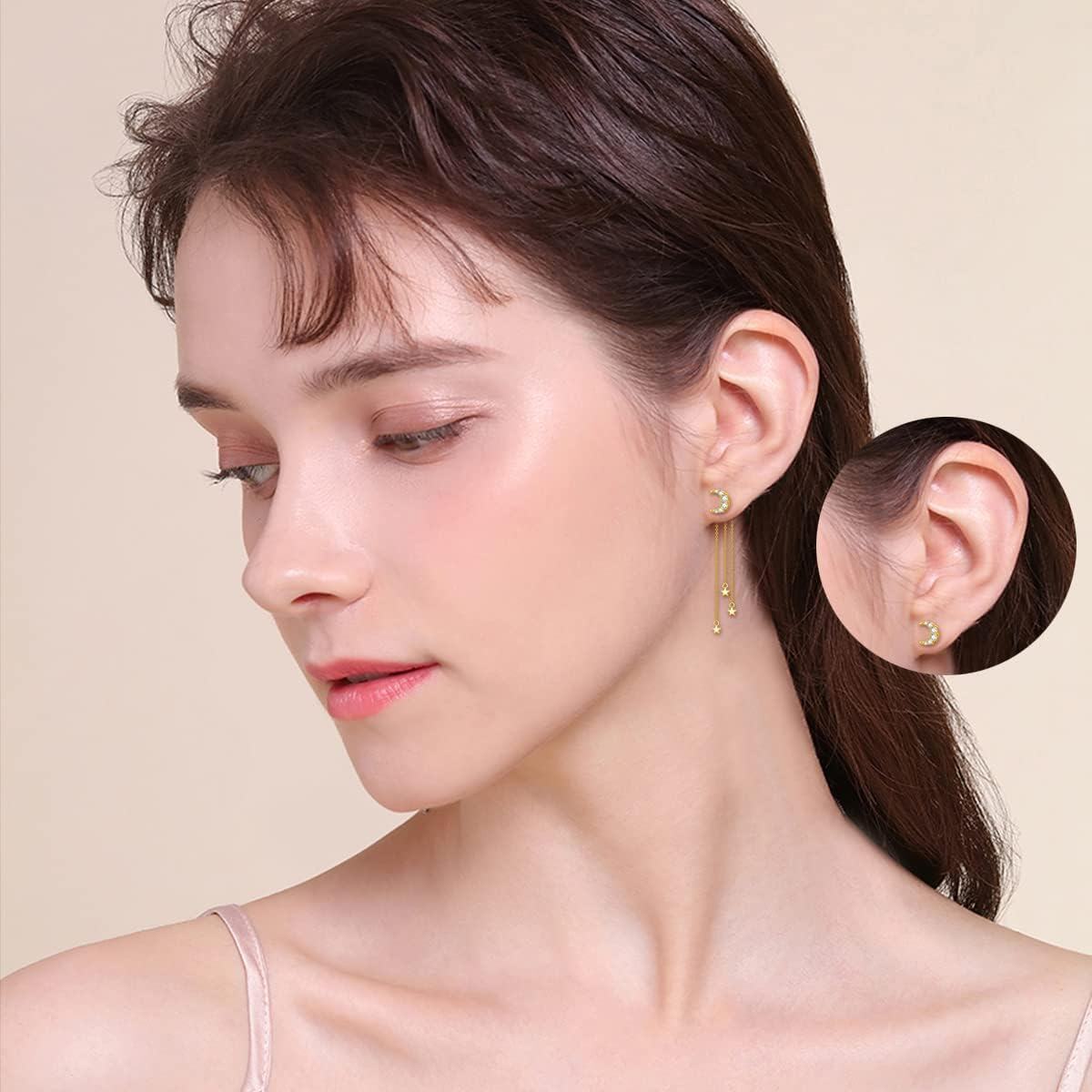925 Sterling Silver Crescent Moon & Stars Chain Drop Stud Earrings for Women Girls Gift Set-0-3