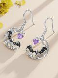 wholesale 925 Sterling Silver Bat Moon Purple Crystal Heart Dangle Earrings Halloween Gothic  for Women Girls-0-1