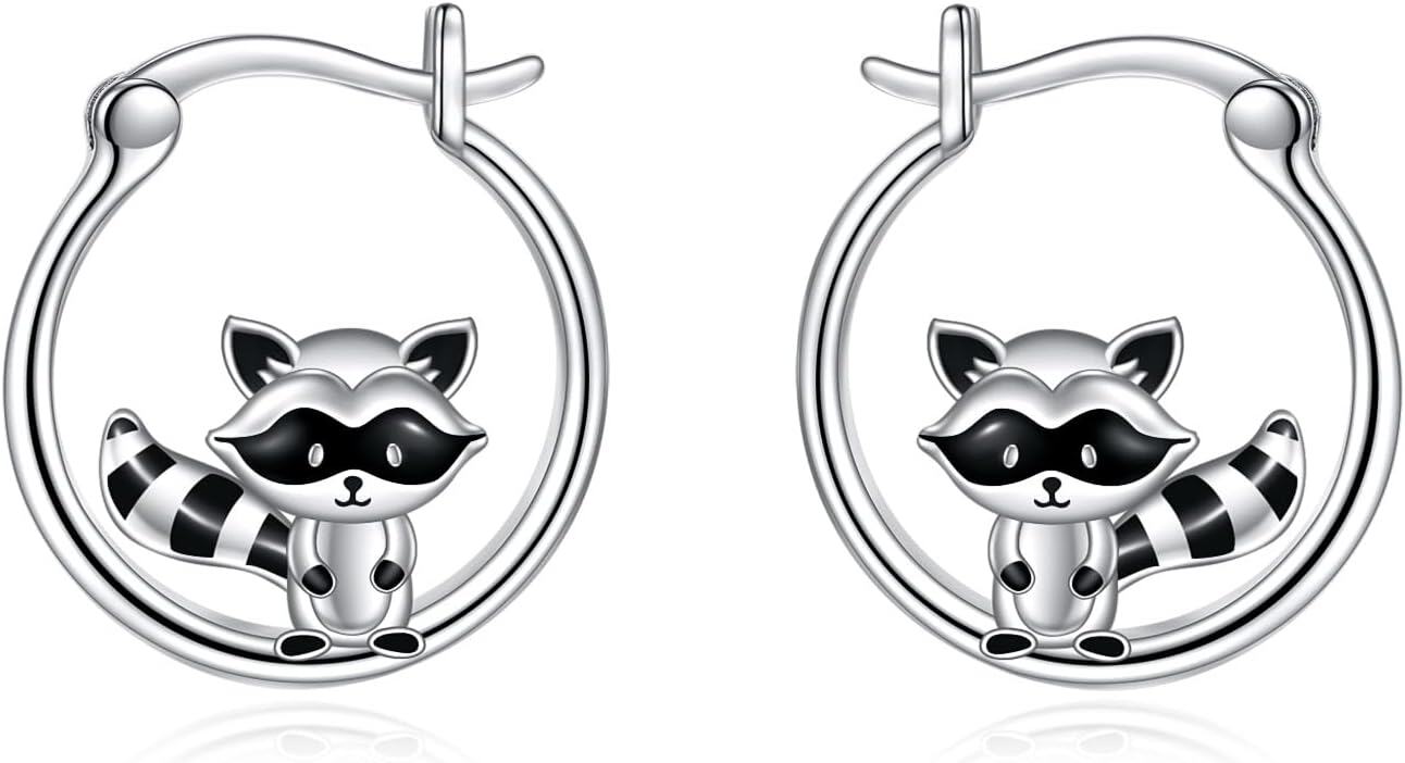 Sterling Silver Animal Hoop Earrings Fox Bear Penguin Axolotl Octopus Raccoon Christmas Gifts for Women-raccoon hoops