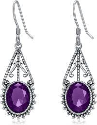 wholesale Sterling Silver 10mm Oval Cut Birthstone Oxidized Filigree Dangle Earrings-02-Amethyst-Purple