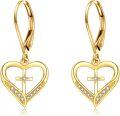 wholesale 14K Solid Heart with Cross and Cubic Zirconia Drop Earrings for Women-0-0