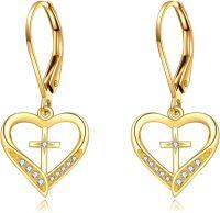 wholesale 14K Solid Heart with Cross and Cubic Zirconia Drop Earrings for Women-Cross Heart Leverback