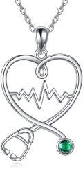 wholesale 925 Sterling Silver Green Crystal Stethoscope Heartbeat Pendant Necklace for Nurses Gifts-0-0