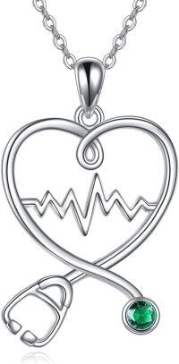 wholesale 925 Sterling Silver Green Crystal Stethoscope Heartbeat Pendant Necklace for Nurses Gifts-03- Heart Nurse Necklace