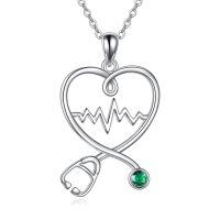 wholesale 925 Sterling Silver Green Crystal Stethoscope Heartbeat Pendant Necklace for Nurses Gifts-03- Heart Nurse Necklace