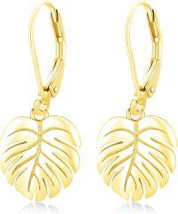 wholesale Gold 925 Sterling Silver Monstera Leaf Palm Frond Dangle Earrings for Women Girls Fashion Jewelry-Golden