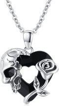 wholesale 925 Sterling Silver Heart-Shaped Rose and Skull Charm Necklace with Black Crystals-0-0