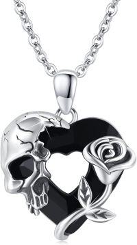 wholesale 925 Sterling Silver Heart-Shaped Rose and Skull Charm Necklace with Black Crystals-A-Skull Rose