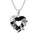 wholesale 925 Sterling Silver Heart-Shaped Rose and Skull Charm Necklace with Black Crystals-0-0
