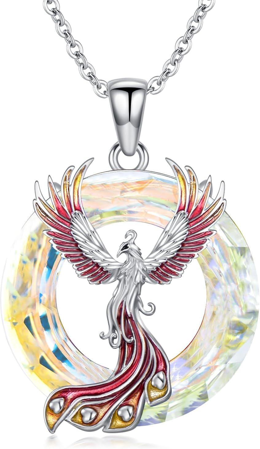 Sterling Silver Crystal Phoenix Pendant Necklace-White