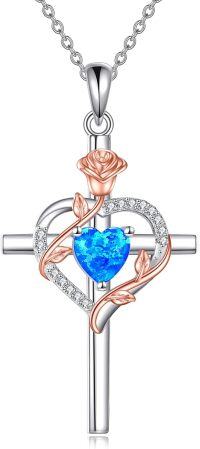 wholesale Sterling Silver Birthstones Rose Cross Heart Crucifix Pendant Necklace for Women-10-Blue Opal