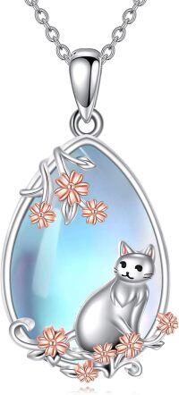 wholesale 925 Sterling Silver Moonstone Cat Pendant Necklace with Flowers and Leaves Design-Cat Necklace