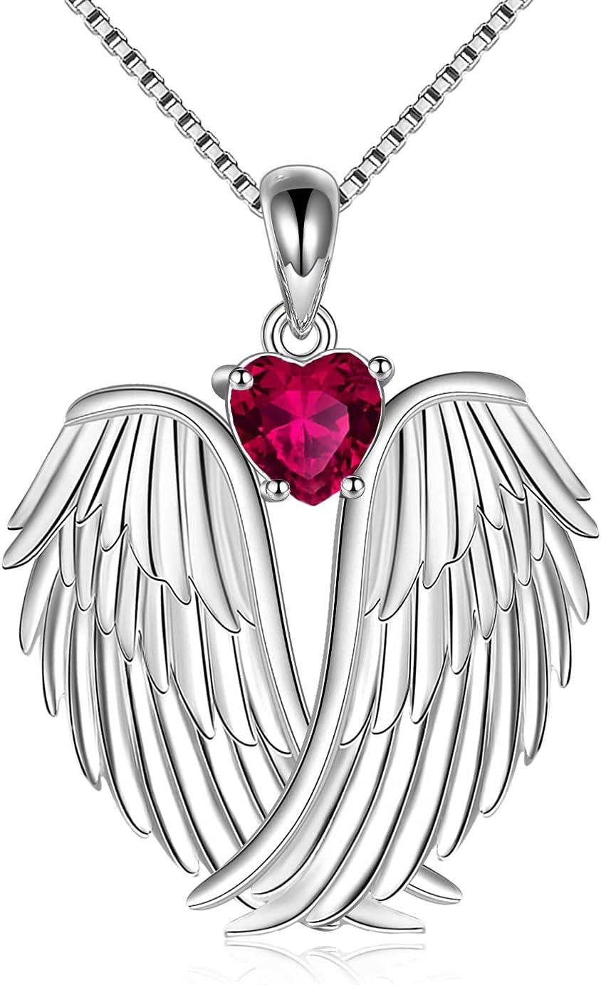 Sterling Silver Birthstone Angel Wings Pendant Necklace-July wings