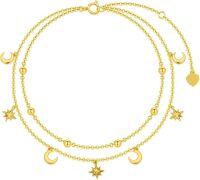 wholesale 14K Yellow Gold Beaded Star & Moon Charm Ankle Anklet for Women (8+2)-14K-Yellow