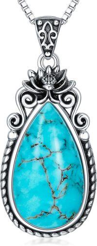 wholesale Sterling Silver Turquoise Vintage Native Western Birth Flower Pendant Necklace for Women-G_Jul_Waterlily