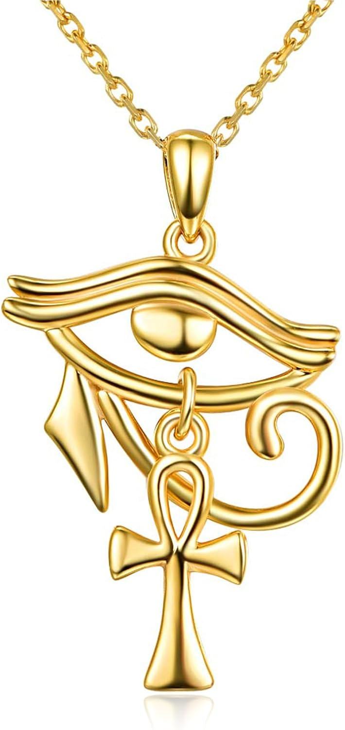 Sterling Silver Eye of Horus with Ankh Pendant Necklace for Women Men-Gold