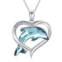 wholesale 925 Sterling Silver Heart-Shaped Blue Crystal Dolphin Pendant Necklace Ocean Wave Jewelry for Women and Girls-B