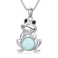 wholesale 925 Sterling Silver White Fire Opal & Turquoise Pendant Frog Necklace for Women Girls  48cm Chain Length-Frog &Opal