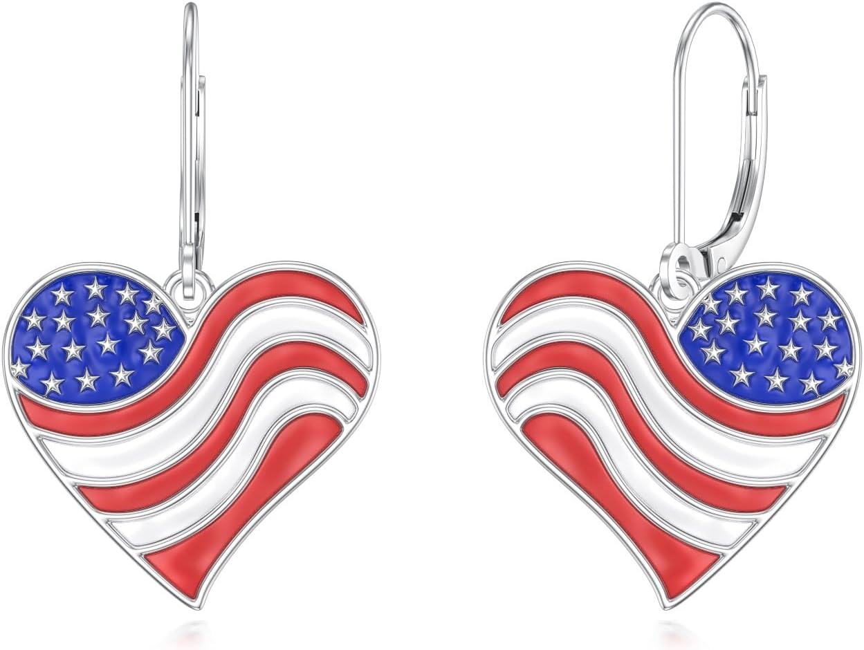 wholesale 925 Sterling Silver Red White Blue Star & Stripes Patriotic Heart Earrings for 4th of July, Memorial Day-0-0