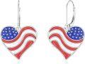 wholesale 925 Sterling Silver Red White Blue Star & Stripes Patriotic Heart Earrings for 4th of July, Memorial Day-0-0