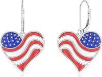 wholesale 925 Sterling Silver Red White Blue Star & Stripes Patriotic Heart Earrings for 4th of July, Memorial Day-heart