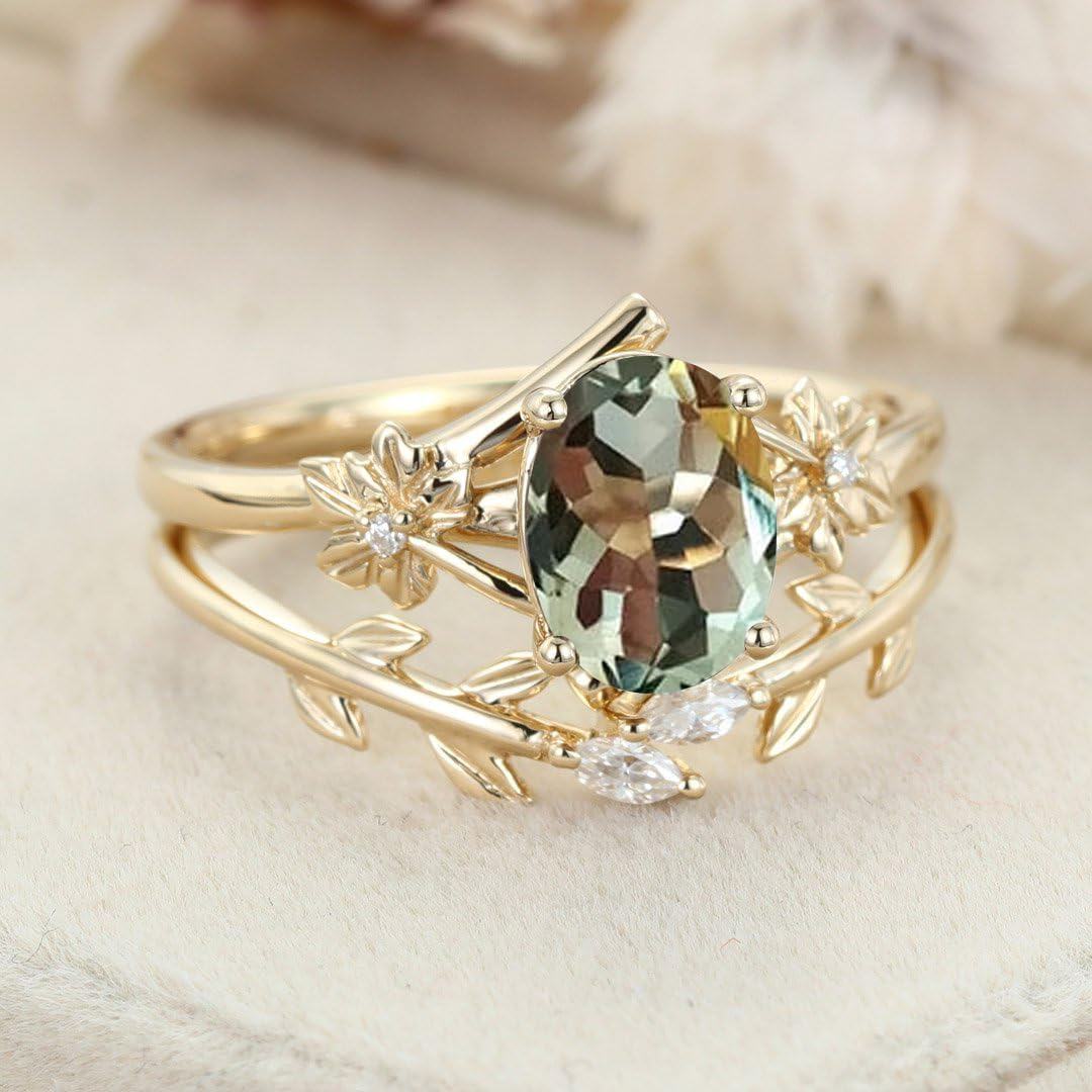 14K Solid Gold Oval Gemstone Vintage Vine Bridal Ring Set-0-5
