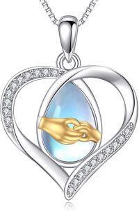 wholesale 925 Sterling Silver Moonstone Heart Pendant with Gold Hands Necklace for Sisters Moms Lovers s-Sterling Silver