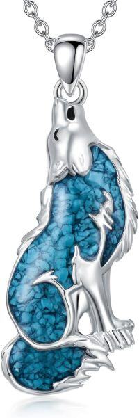 wholesale 925 Sterling Silver Turquoise Howling Wolf Pendant Necklace for Women Men  48cm Chain Length-Wolf