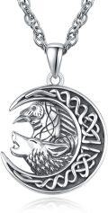 wholesale 925 Sterling Silver Moon & Wolf Pendant Necklace w/ Celtic Knots and Gemstone - Gifts for Her-0-0