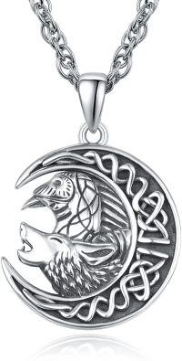 wholesale 925 Sterling Silver Moon & Wolf Pendant Necklace w/ Celtic Knots and Gemstone - Gifts for Her-Wolf-C
