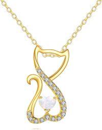wholesale 14K Solid Opal Heart Cat Pendant Necklace - Mothers Day Gifts-Cat