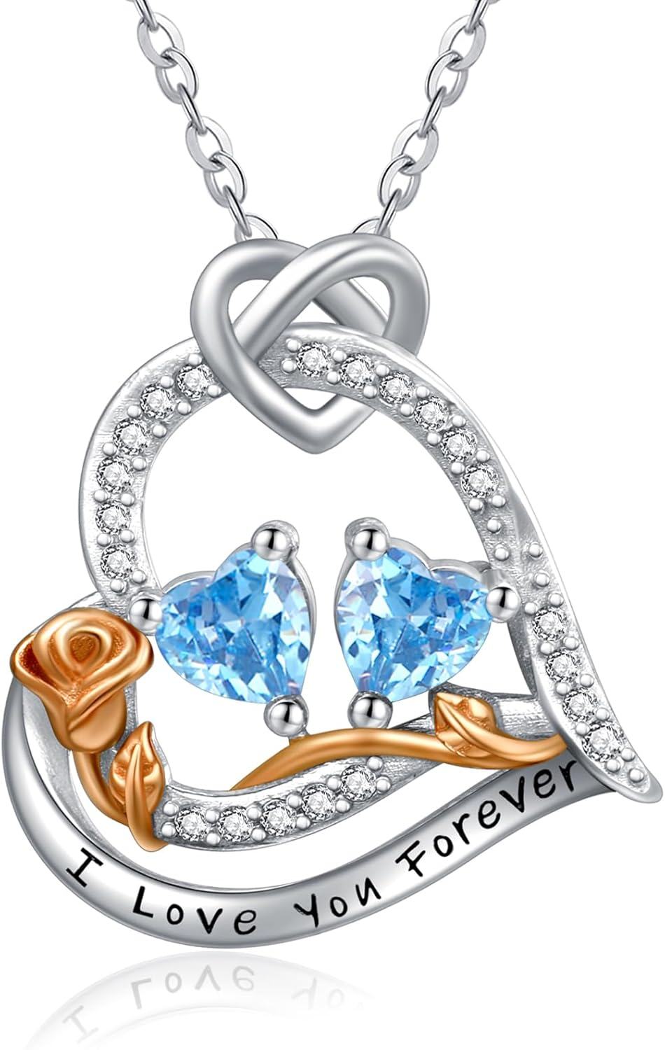  Sterling Silver 2 Birthstones Rose Heart Necklace for Women -12-12-Dec-Dec