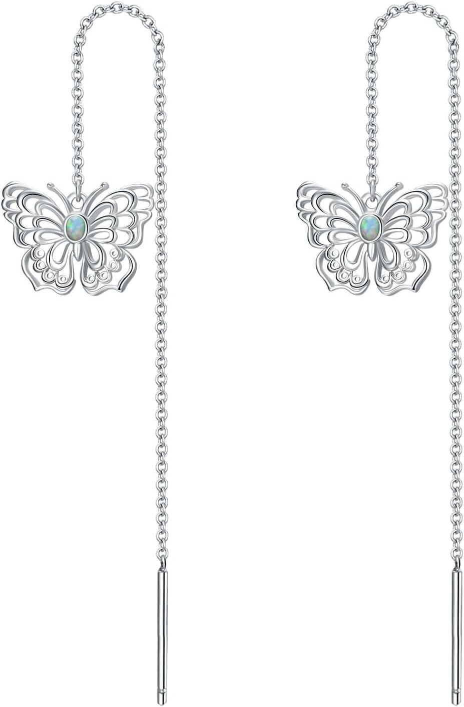 925 Sterling Silver Butterfly Opal Long Chain Drop Threader Earrings for Women-0-0