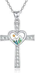 wholesale 925 Sterling Silver Heart Mountain Abalone Shell Cross Necklace with Cubic Zirconia and Yellow Gold Plated Centerpiece for Women's Religious Gifts-0-0