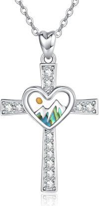 wholesale 925 Sterling Silver Heart Mountain Abalone Shell Cross Necklace with Cubic Zirconia and Yellow Gold Plated Centerpiece for Women's Religious Gifts-Silver