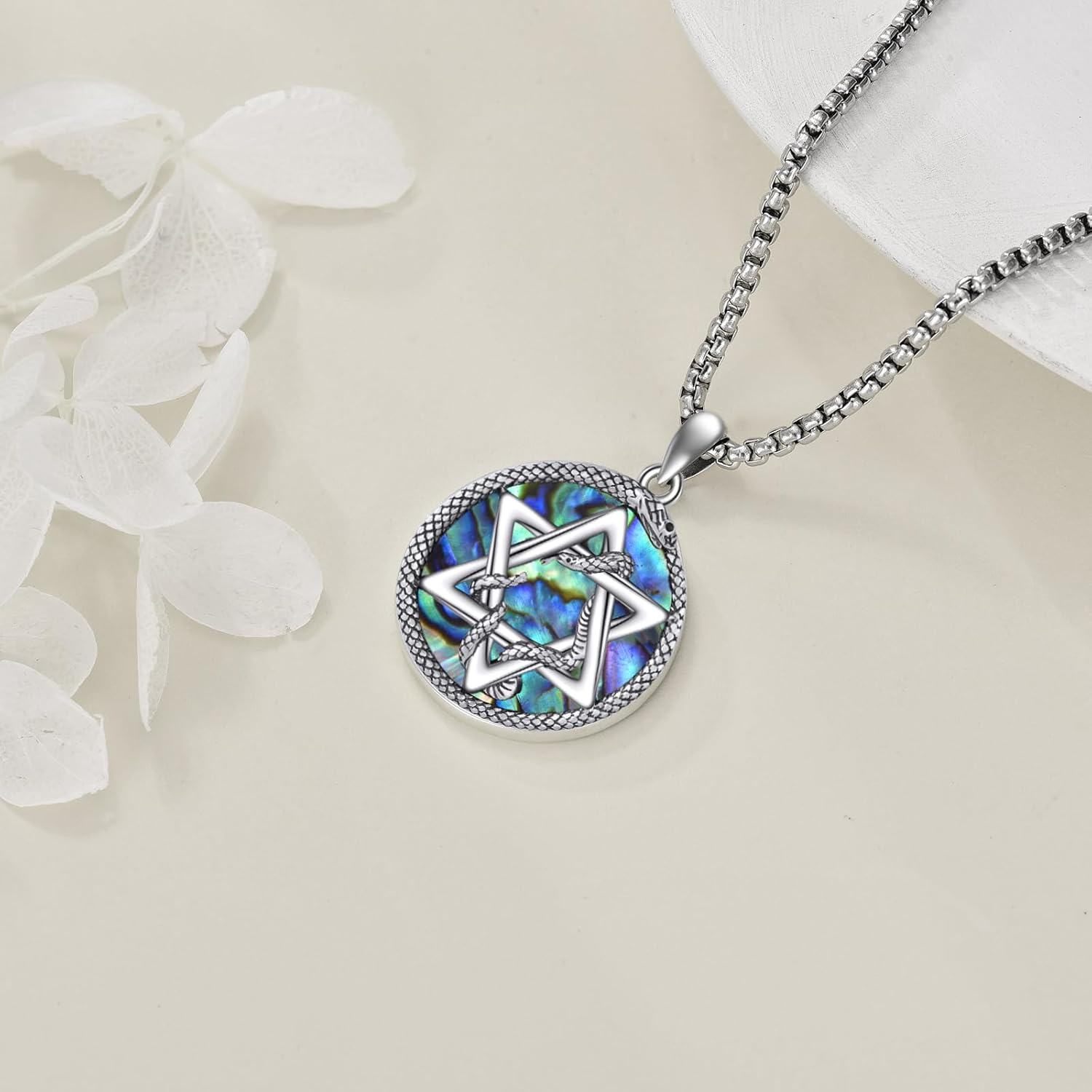 Sterling Silver Star of David Hexagram Gothic Bone Pendant Necklace-0-6