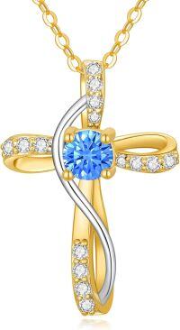 wholesale 14K Yellow White Gold Cross Infinity Pendant with Blue & White Zirconia Stones, Adjustable Chain, Gift Box-Style-1