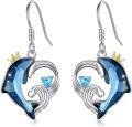 wholesale 925 Sterling Silver Blue Crystal Crowned Heart & Wave Stud Earrings for Women-0-0