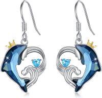 wholesale 925 Sterling Silver Blue Crystal Crowned Heart & Wave Stud Earrings for Women-Blue Crystal Dolphin Earrings