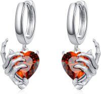 wholesale Sterling Silver Skeleton Hand Skull Hoop Earrings Halloween Gothic Jewelry Gifts-White Gold Plated and Garnet