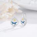 wholesale 925 Sterling Silver Dragonfly Flower Leverback Hoop Earrings with Blue and Yellow Accents-0-2