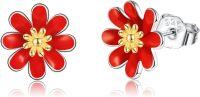 wholesale 925 Sterling Silver Red Enamel Flower Stud Earrings for Women and Girls-Red Flowers