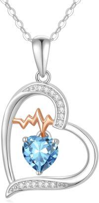 wholesale Sterling Silver Gemstone Love Heart Birthstone Necklace with Heartbeat Pendant for Women Gift for Mother Wife Girlfriend-12-Dec-Topaz