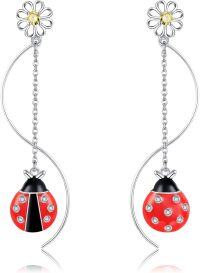 wholesale 925 Sterling Silver Red & Black Ladybug Drop Dangle Earrings with Flower Topper and Crystal Accents-Ladybug